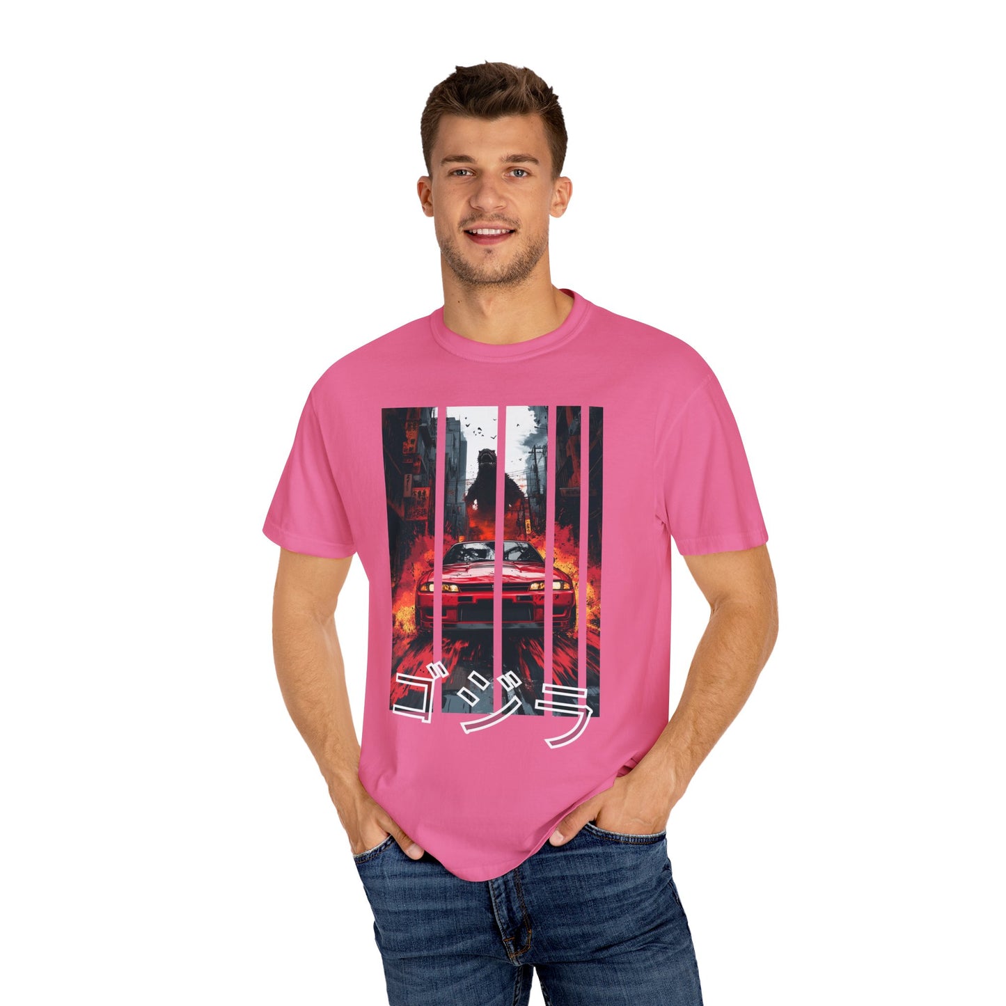 Pink Godzilla T-shirt with Nissan GT-R graphic design