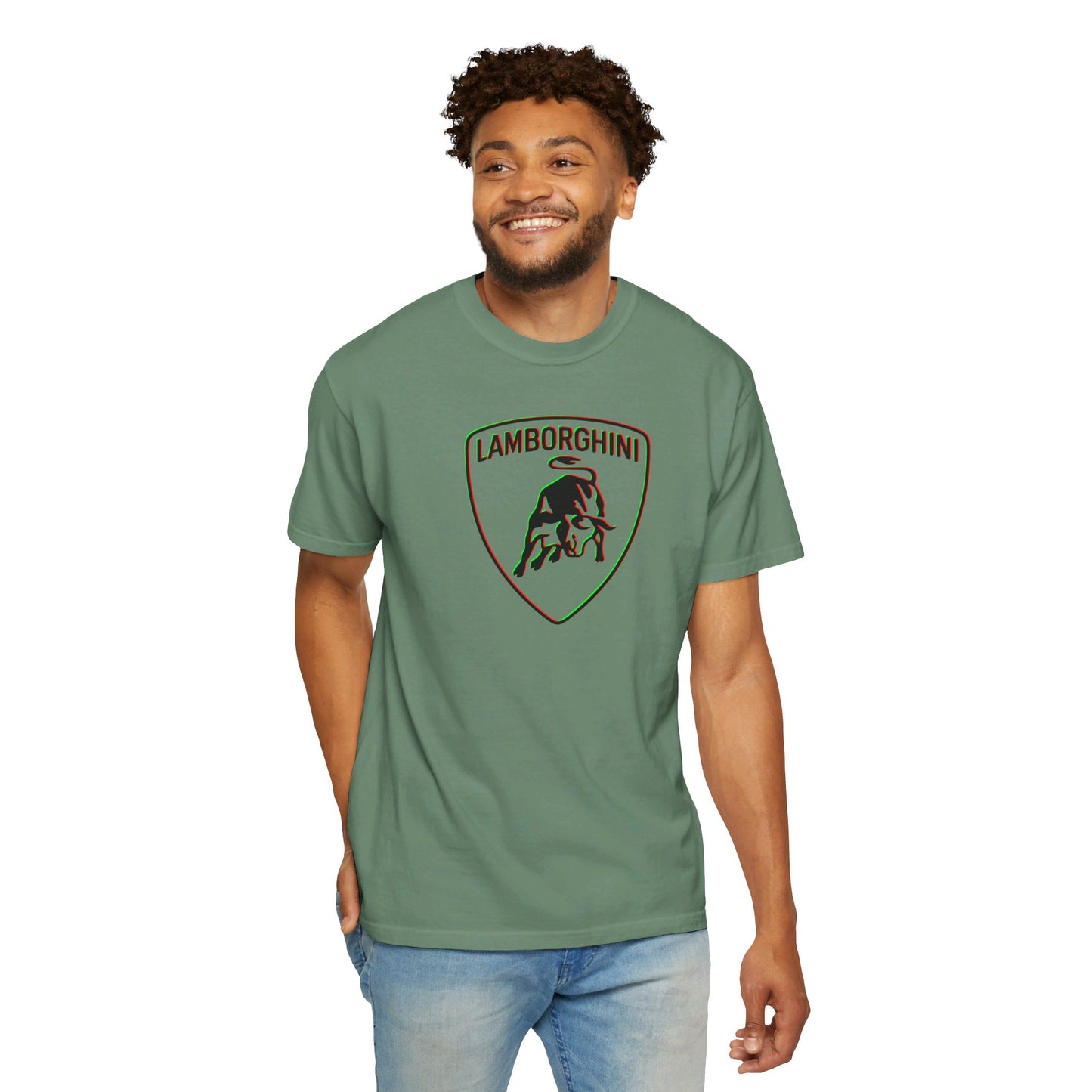 Model wearing Red/Green Accent Lamborghini Green T-shirt