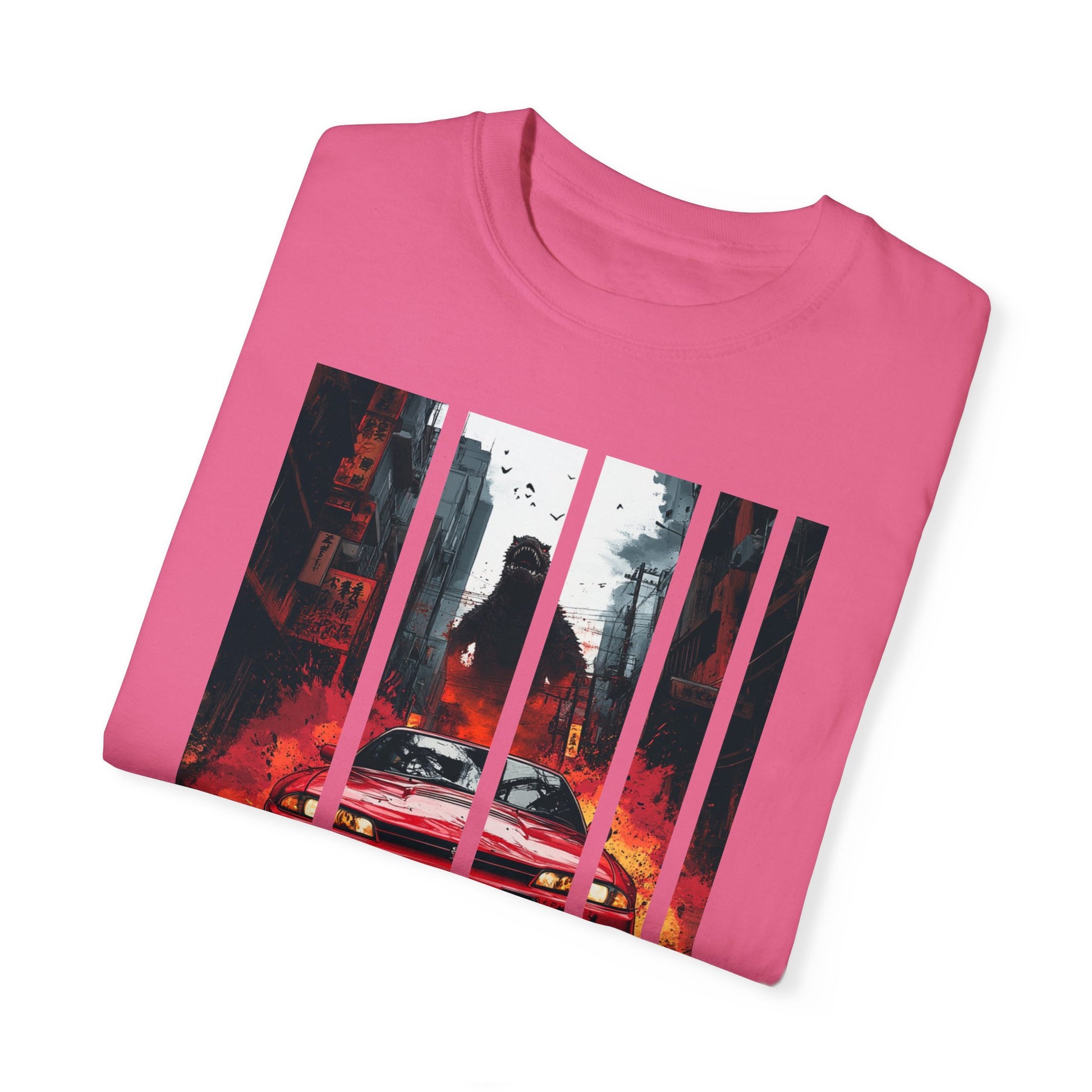 Folded pink Godzilla T-shirt with Nissan GT-R design