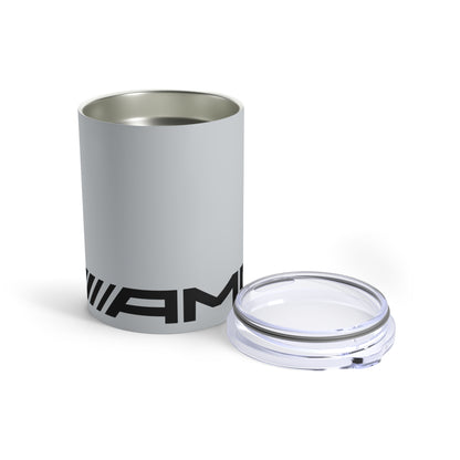 Side view of the AMG tumbler in Iridium Silver with the lid removed.