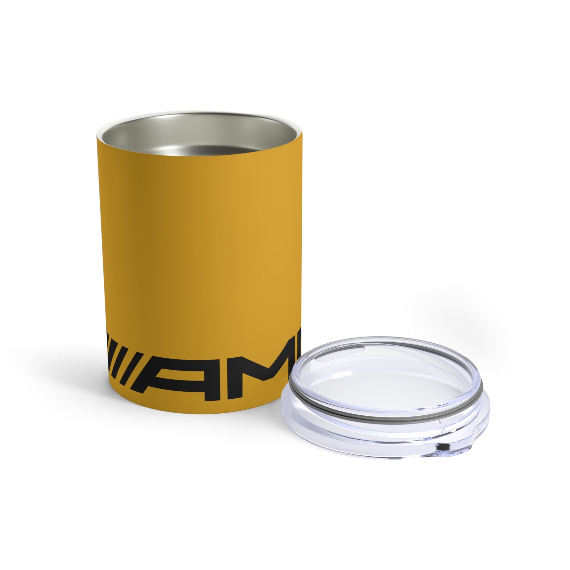 Side view of the AMG tumbler in Solarbeam Yellow with the lid removed.