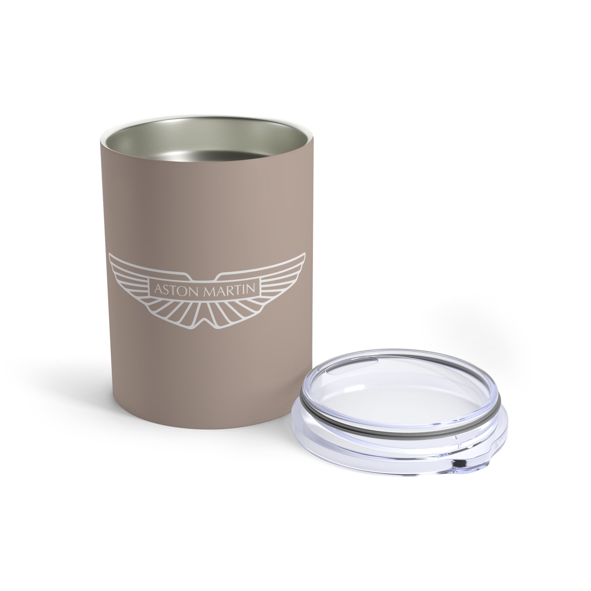 Front view of the Arizona Bronze Aston Martin Tumbler with the lid placed next to it.