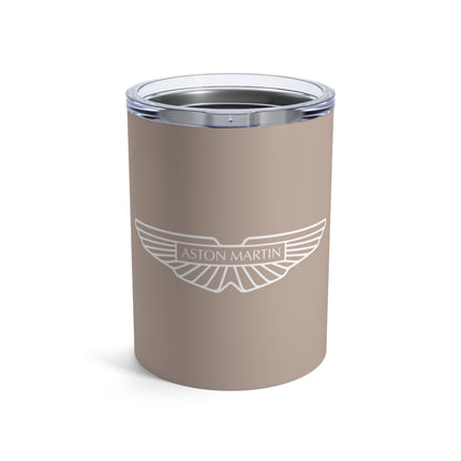 Front view of the Aston Martin tumbler in Arizona Bronze with a white logo.