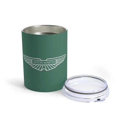 Front view of the Racing Green Aston Martin Tumbler with the lid placed next to it.