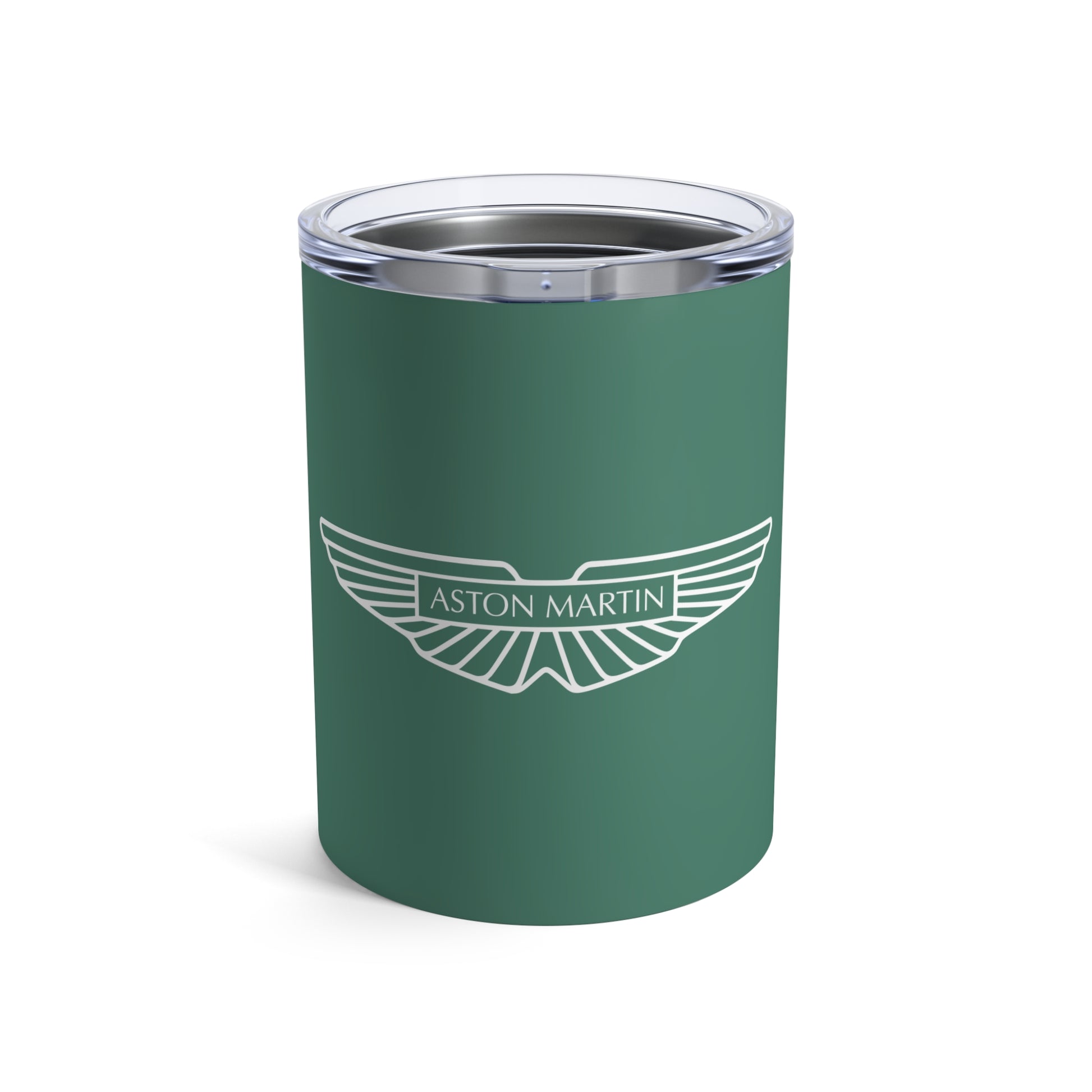 Front view of the Aston Martin tumbler in Racing Green with a white logo.