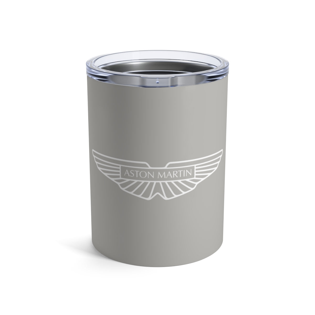 Front view of the Aston Martin tumbler in Silver Birch with a white logo.