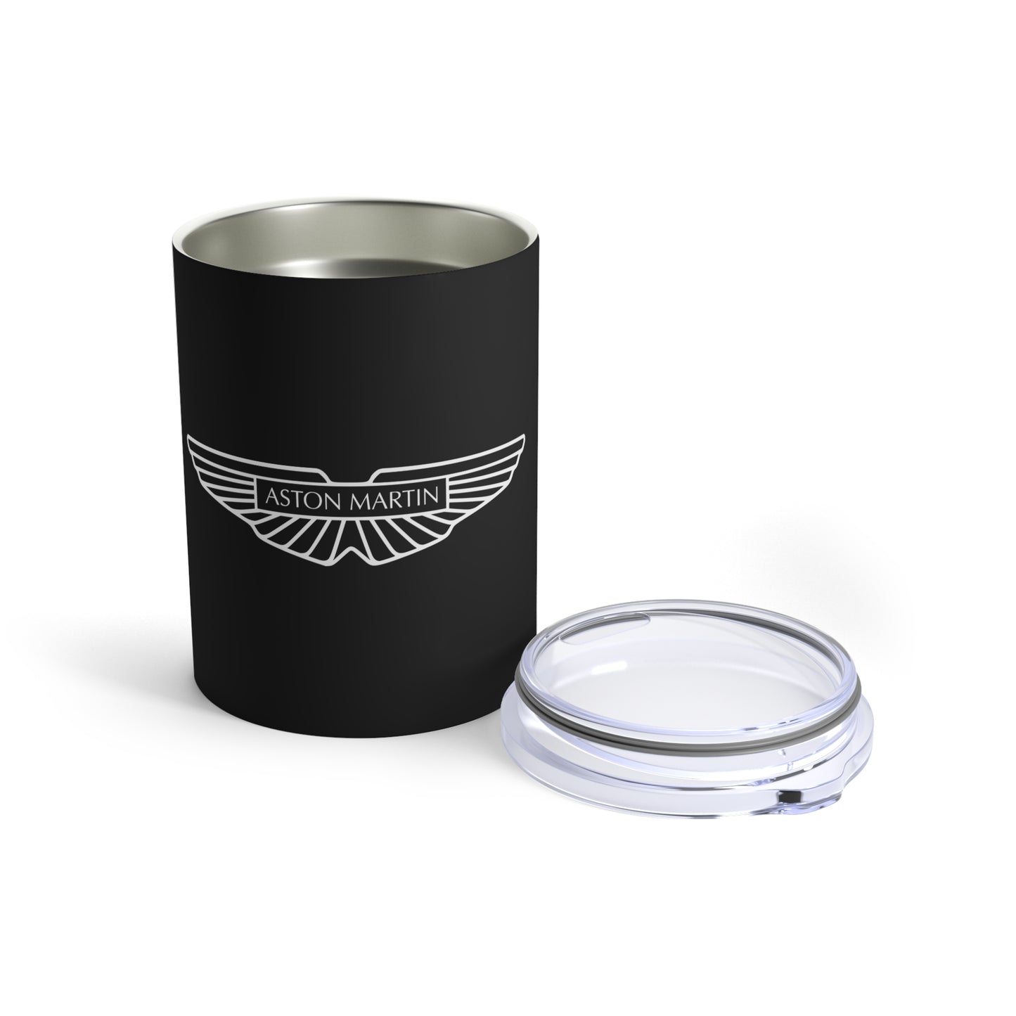 Front view of the Ultimate Black Aston Martin Tumbler with the lid placed next to it.