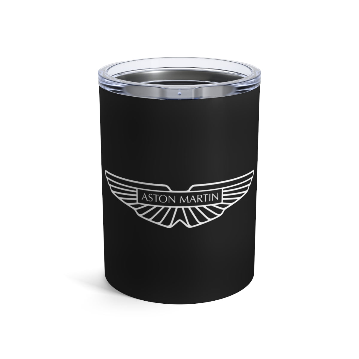 Front view of the Aston Martin tumbler in Ultimate Black with a white logo.