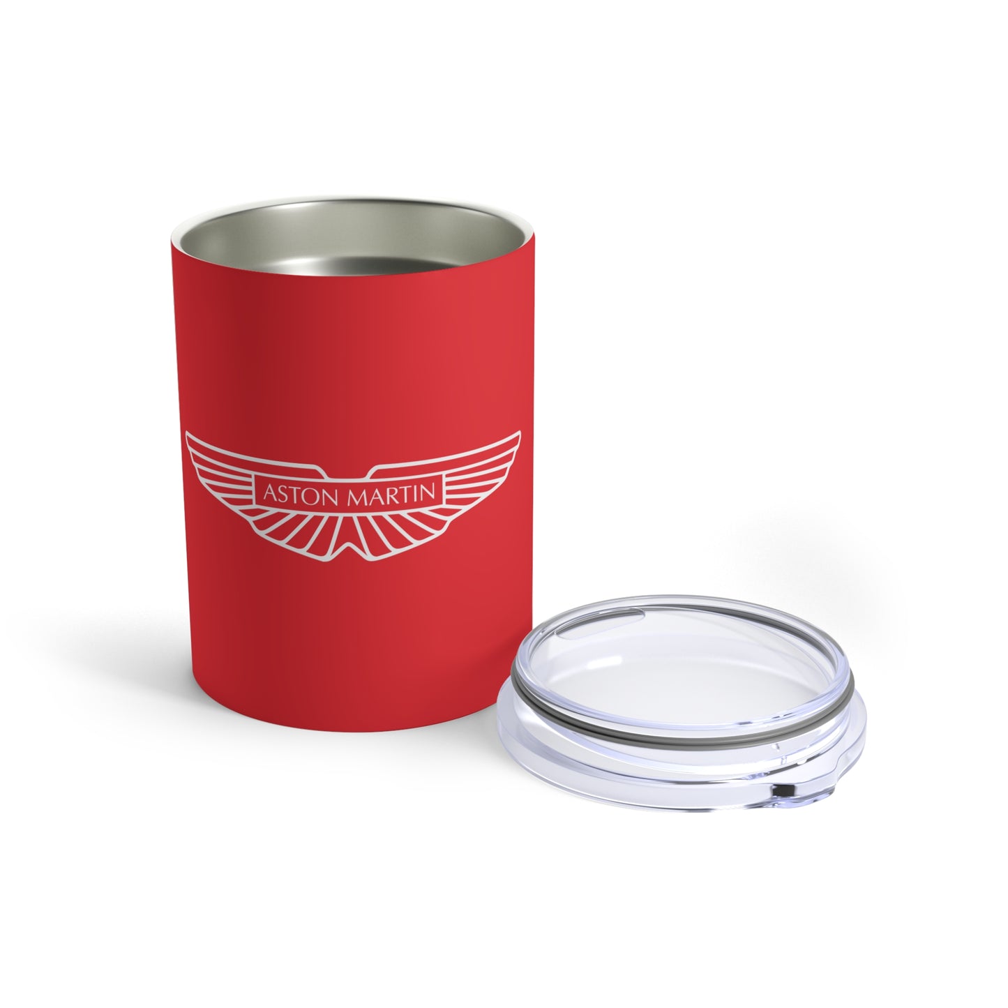 Front view of the Volcano Red Aston Martin Tumbler with the lid placed next to it.