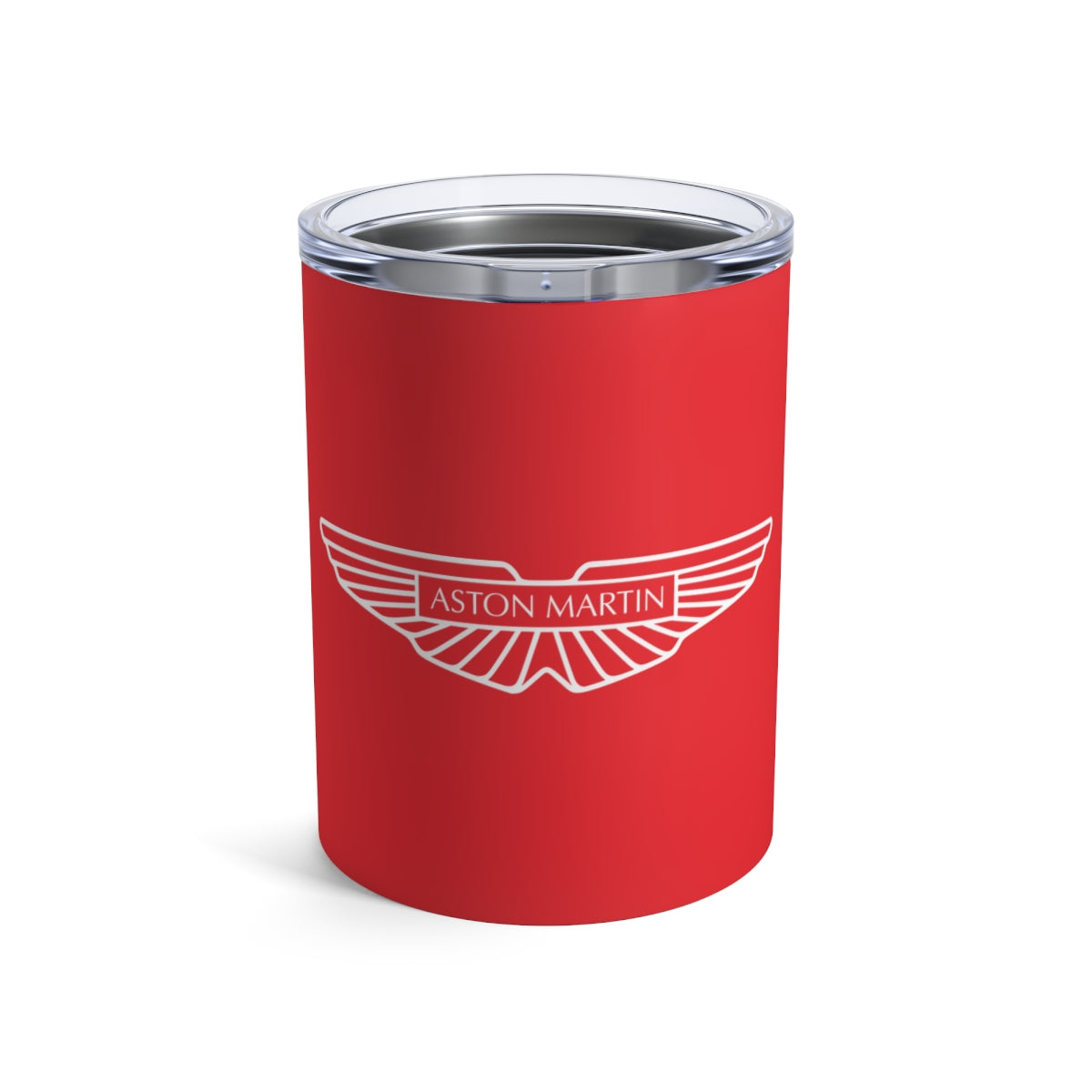 Front view of the Aston Martin tumbler in Volcano Red with a white logo.