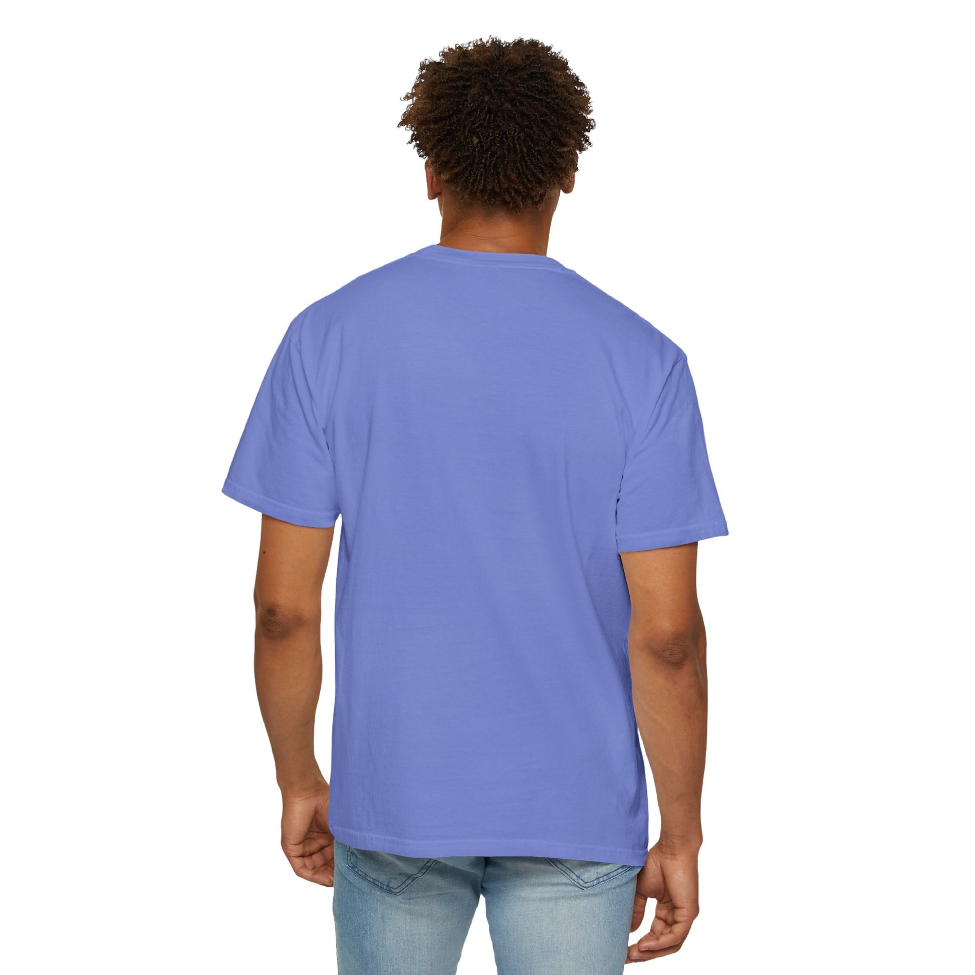 Rear view of model wearing Flo Blue Track Day T-shirt