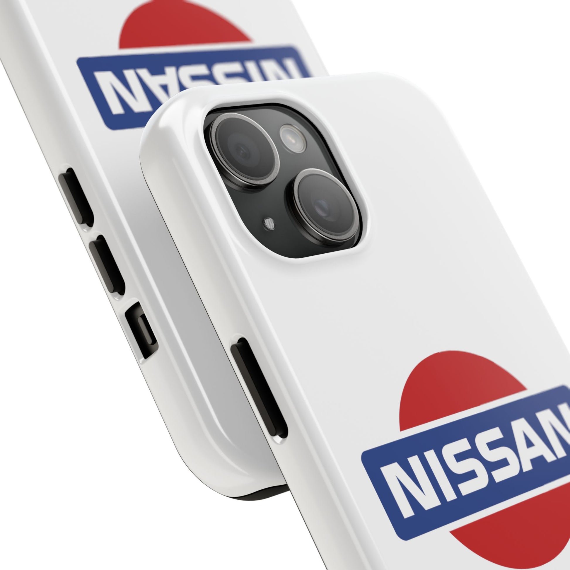 Back view of the White iPhone 15 Vintage Nissan phone case.