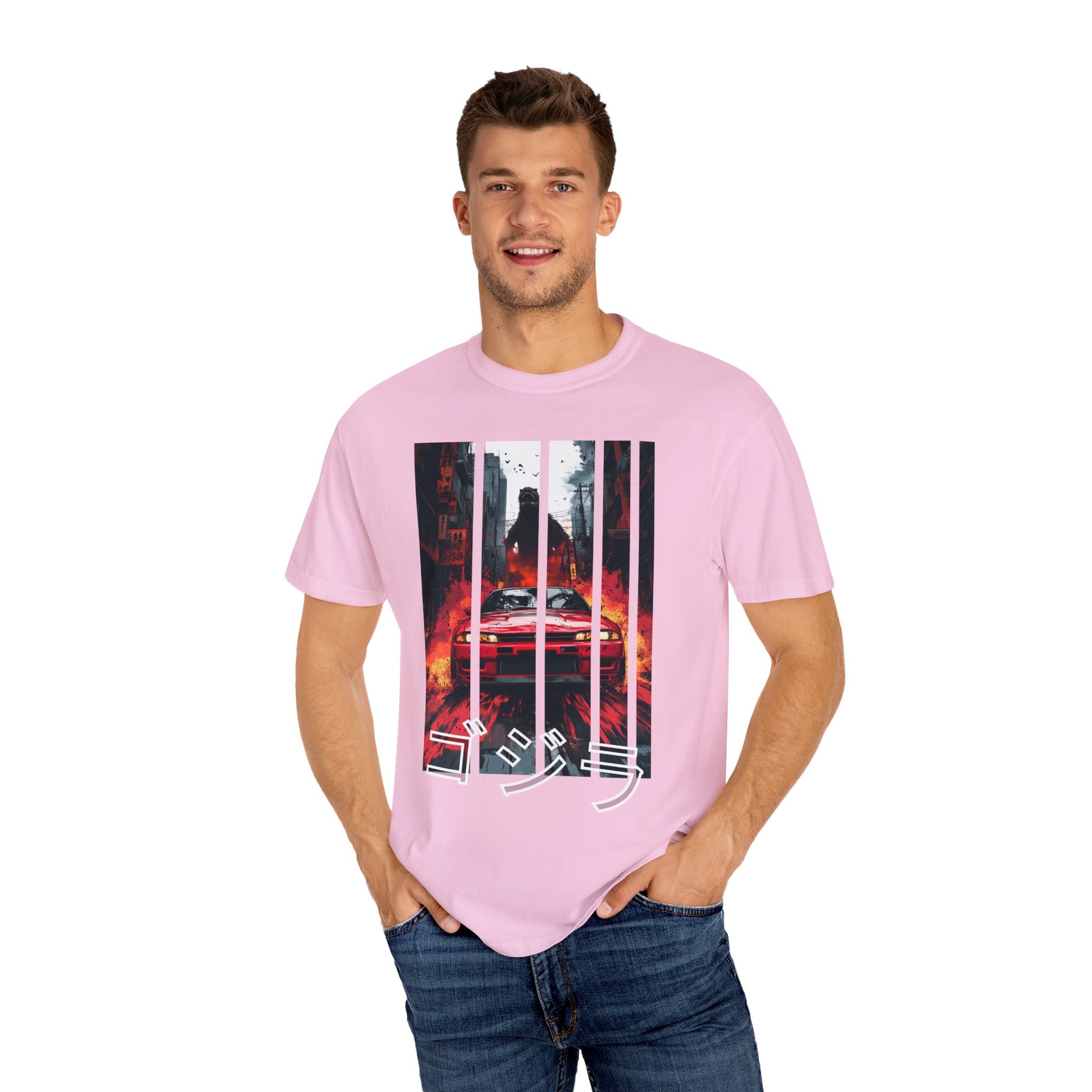 Light pink Godzilla T-shirt with Nissan GT-R graphic design