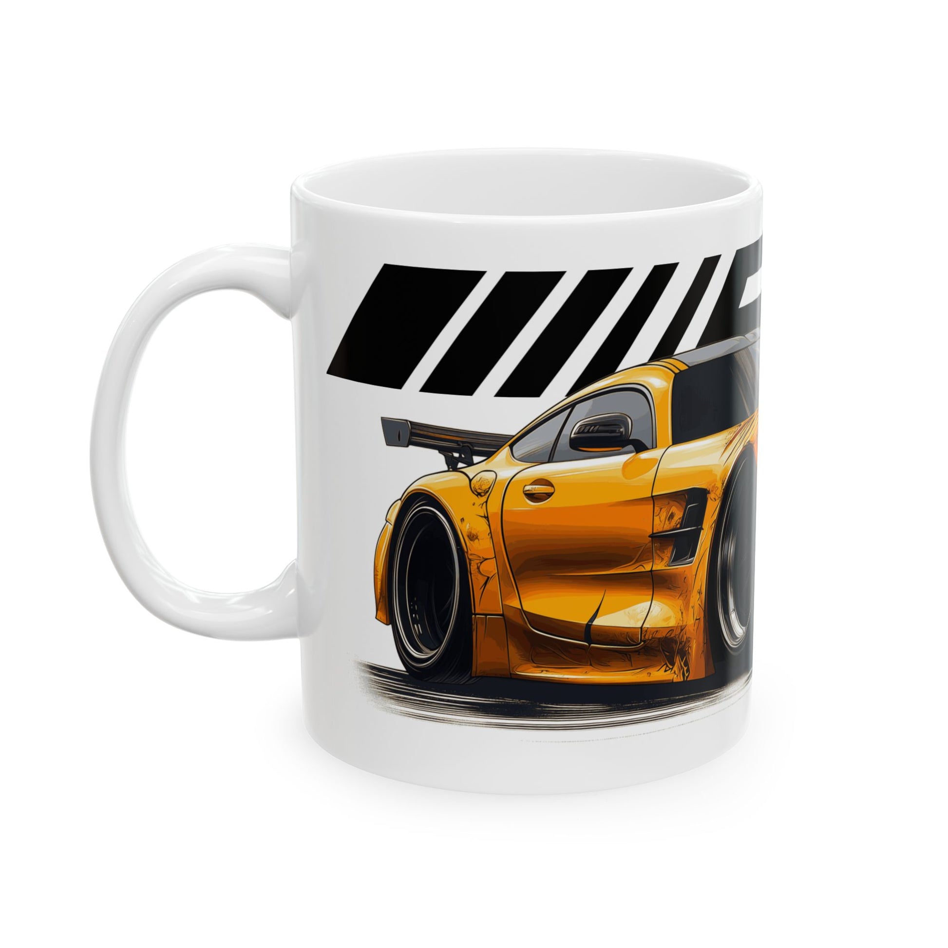 Left view of 11oz White Coffee Mug with a Solarbeam Yellow AMG GT with the AMG Logo placed behind the car. 