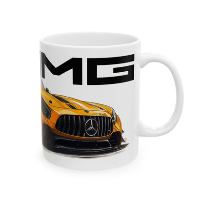 Right view of the 11oz White Coffee Mug with a Solarbeam Yellow AMG GT with the AMG Logo placed behind the car.