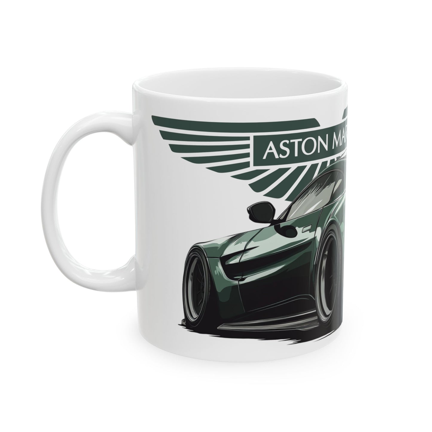 Side view of the Aston Martin Vantage mug with the car graphic visible.