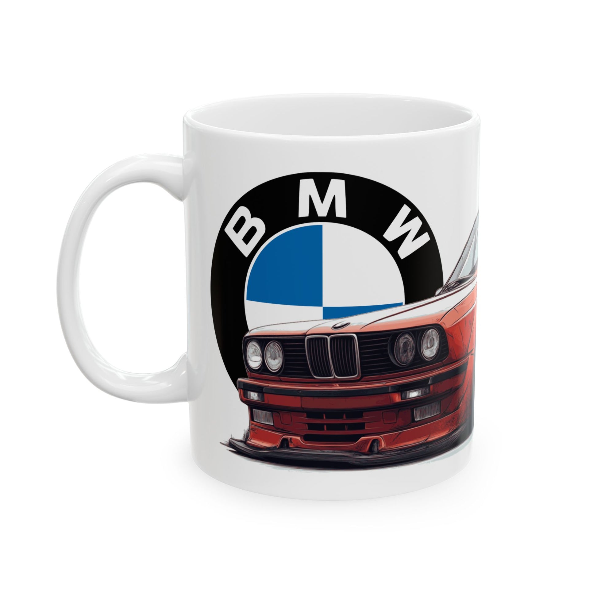 White ceramic mug featuring a detailed front view illustration of a classic red BMW E30 with a vintage design, perfect for car enthusiasts.