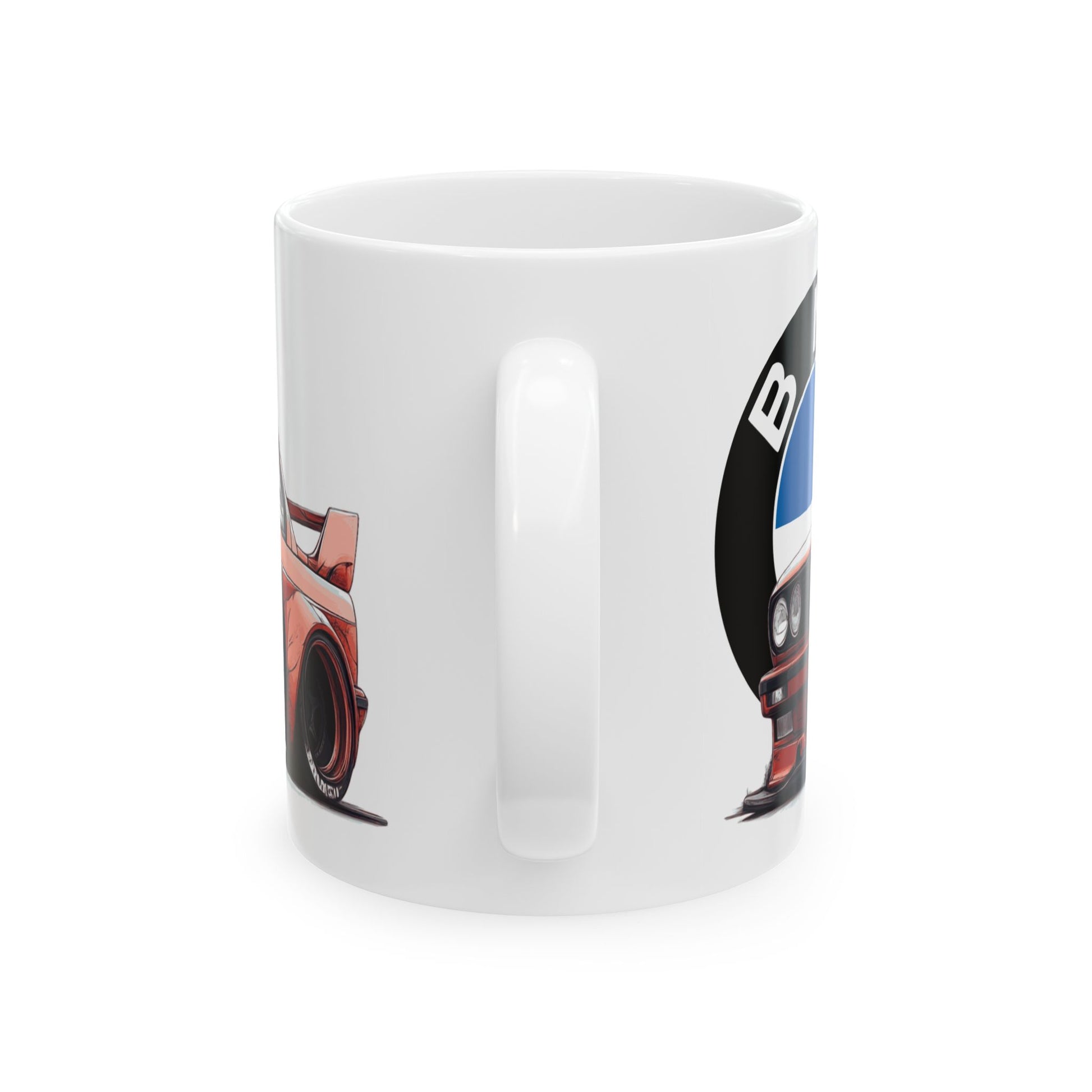 Back view of the E30 BMW mug highlighting the same red BMW E30 and BMW logo from the handle perspective.