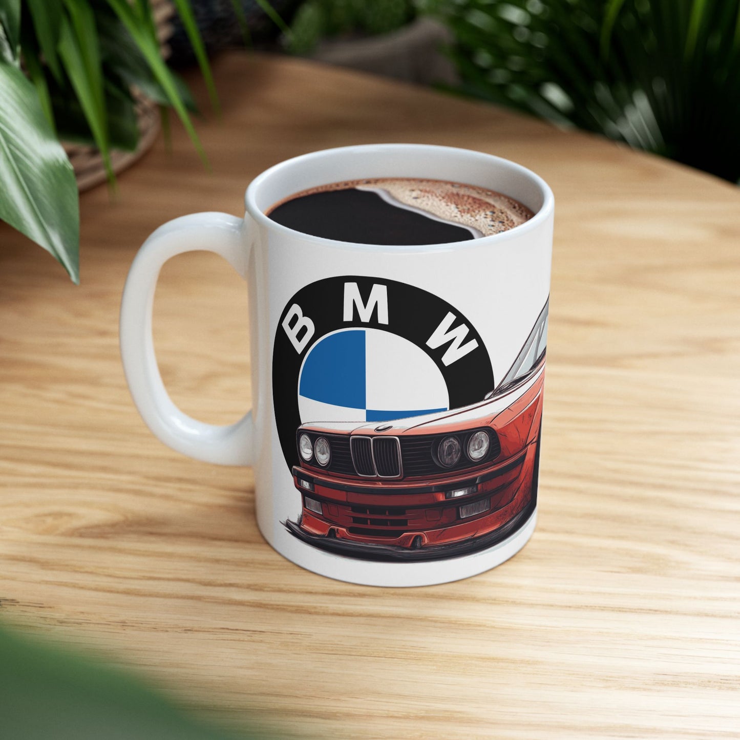 E30 BMW mug placed on a wooden table.