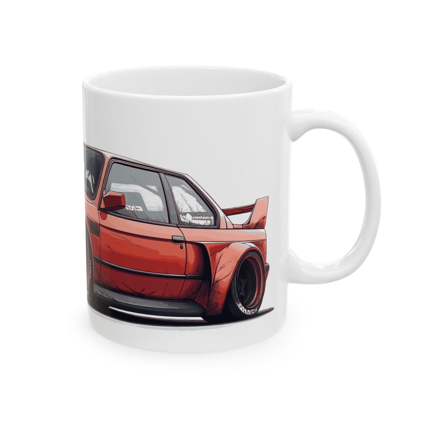 Back view of the E30 BMW mug highlighting the same red BMW E30 design from a different angle.