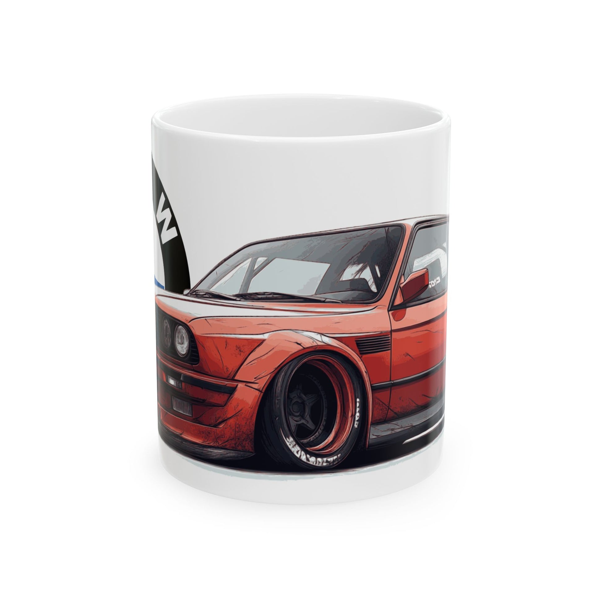 Side view of the E30 BMW mug showcasing the red BMW E30 illustration against a white ceramic background.