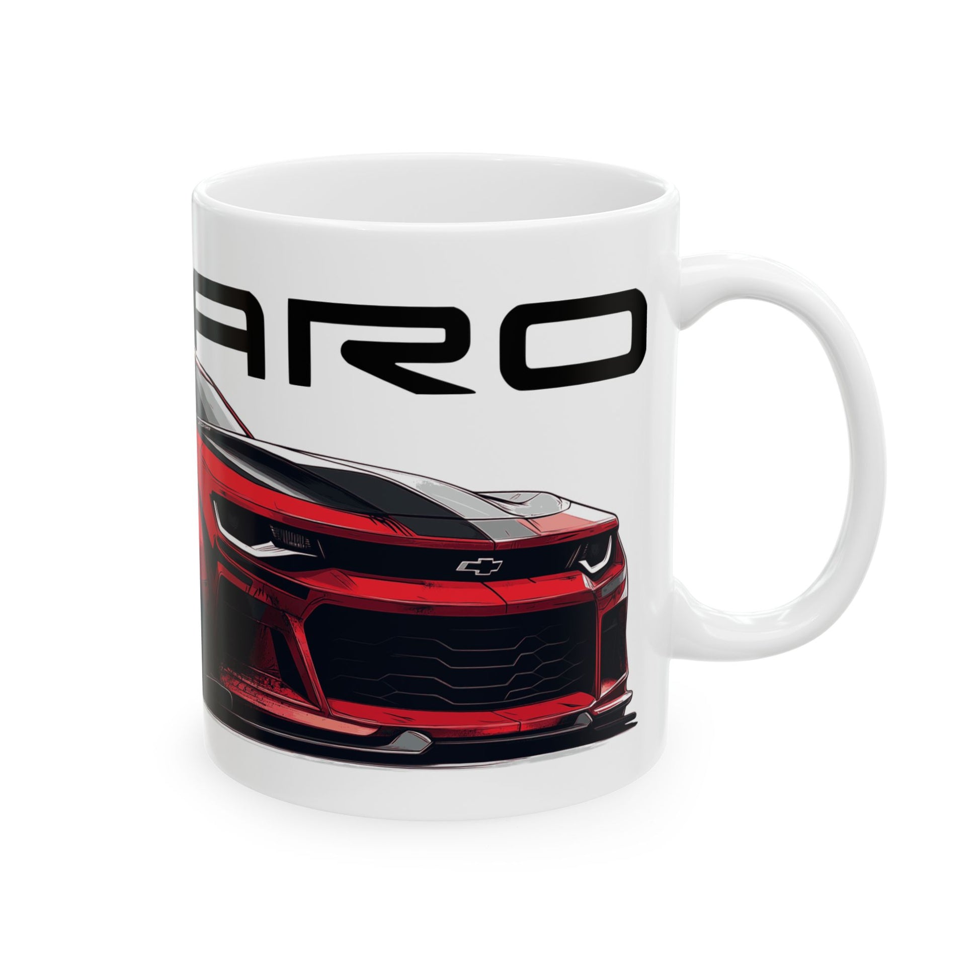 Right view of the 11oz White Coffee Mug with a Red Chevy Camaro with the Camaro emblem placed above the car.  