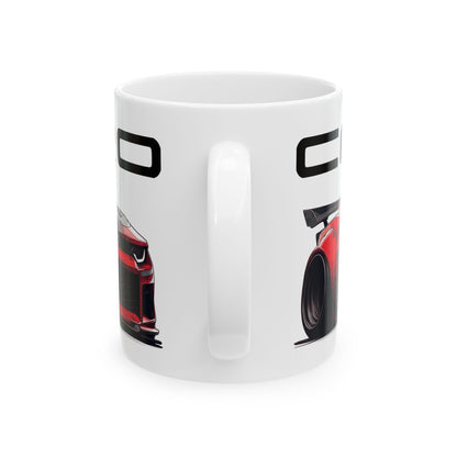 Mug handle view of 11oz White Coffee Mug with a Red Chevy Camaro with the Camaro emblem placed above the car.  