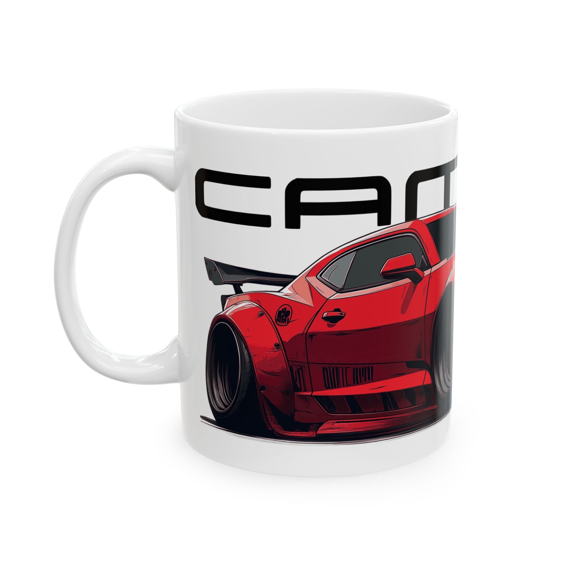 Left view of 11oz White Coffee Mug with a Red Chevy Camaro with the Camaro emblem placed above the car.   