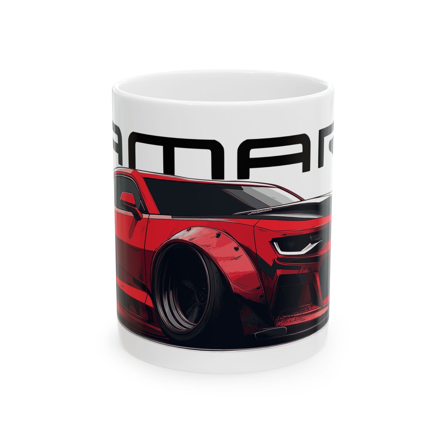 11oz White Coffee Mug with a Red Chevy Camaro with the Camaro emblem placed above the car. 