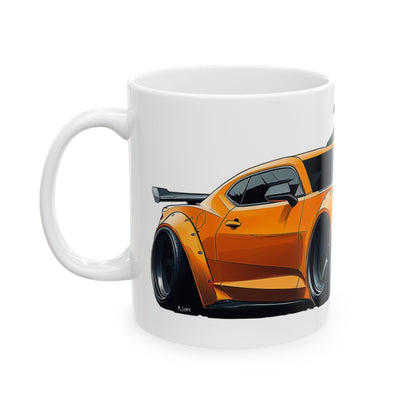 Left view of 11oz White Coffee Mug with a Chevy Camaro ZL1 with the ZL1 emblem placed behind the car.  