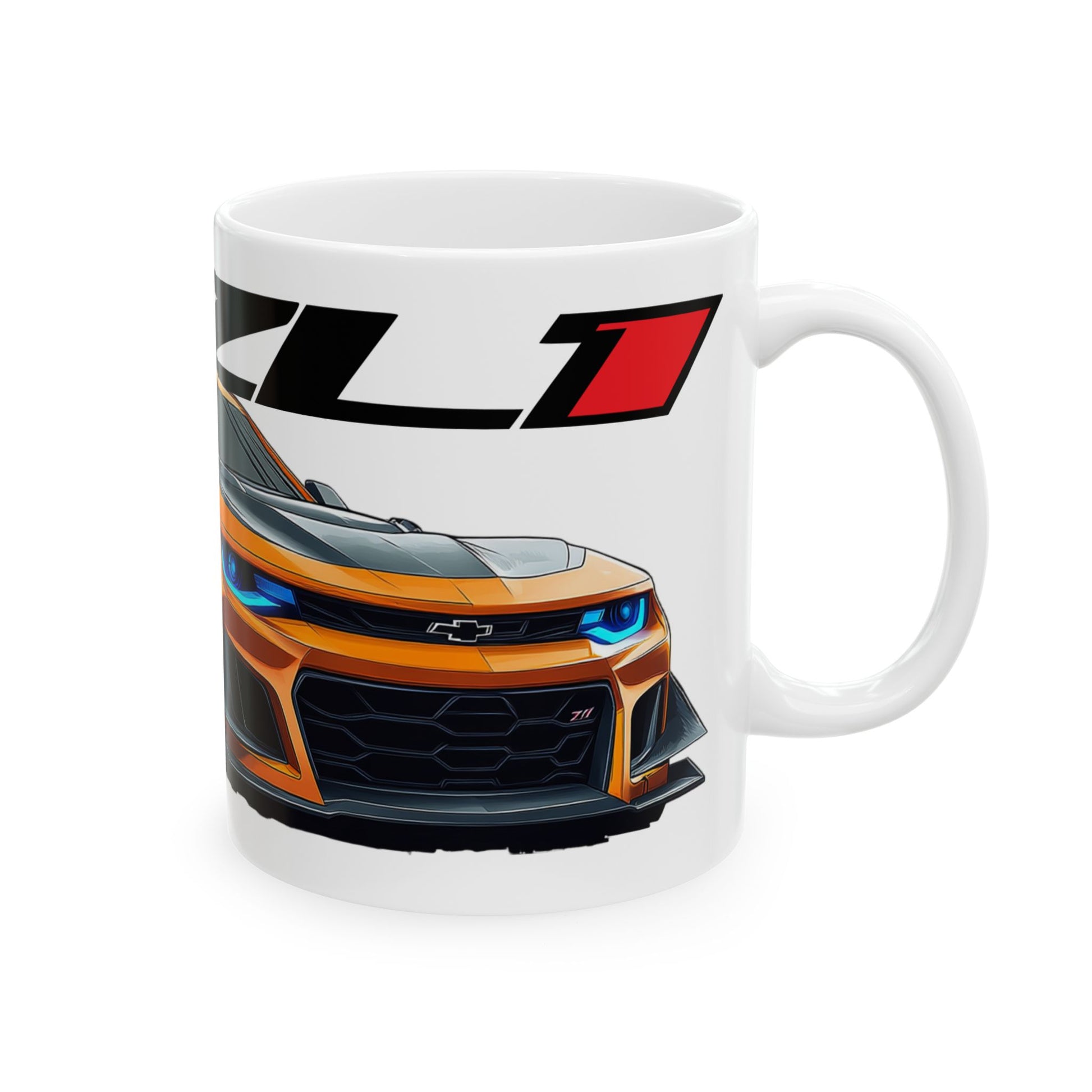 Right view of the 11oz White Coffee Mug with a Chevy Camaro ZL1 with the ZL1 emblem placed behind the car. 