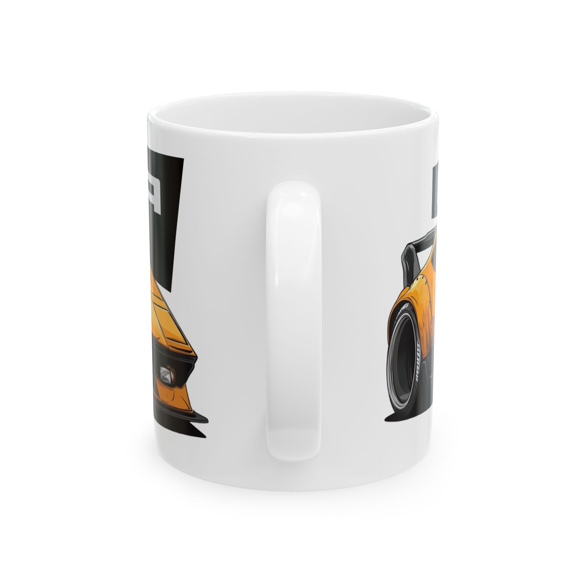 Mug handle view of 11oz White Coffee Mug with a DeTomaso Pantera with the Pantera emblem placed behind the car.