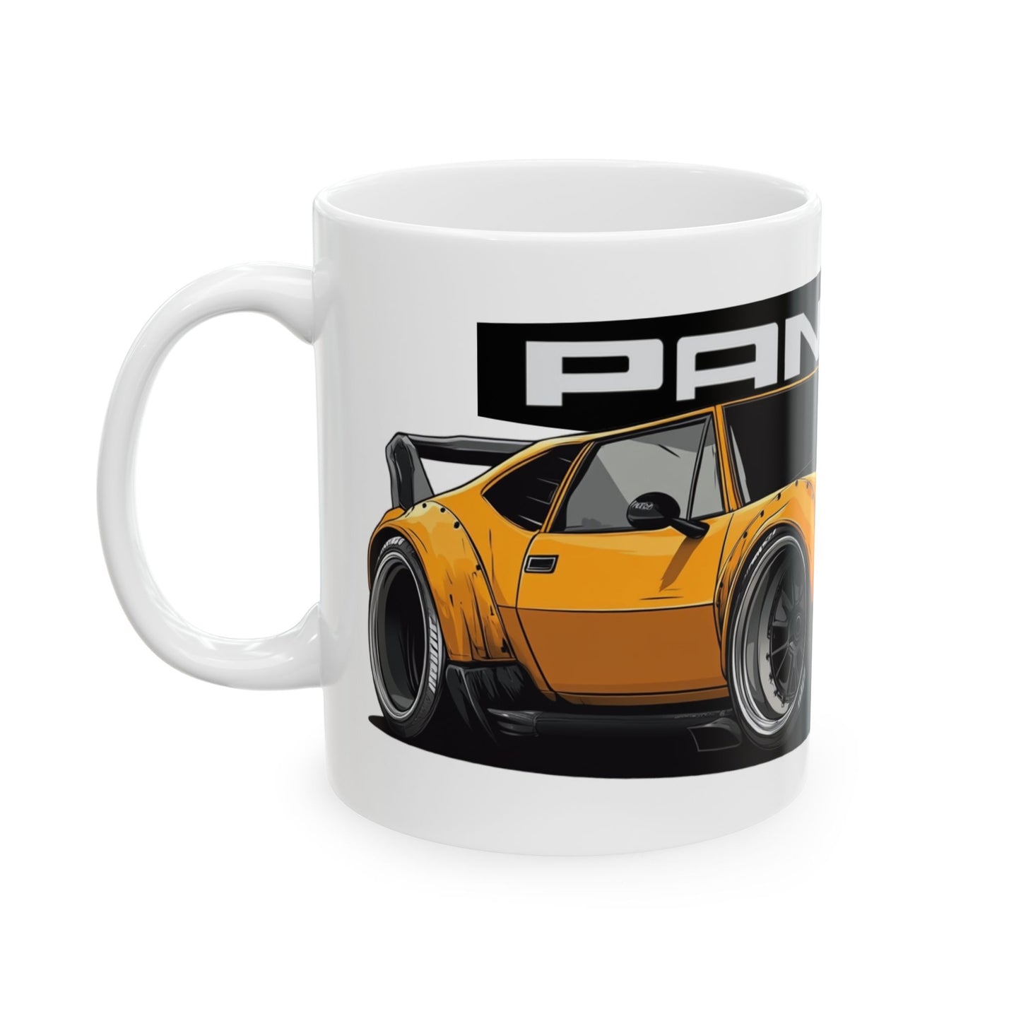 Left view of 11oz White Coffee Mug with a DeTomaso Pantera with the Pantera emblem placed behind the car. 