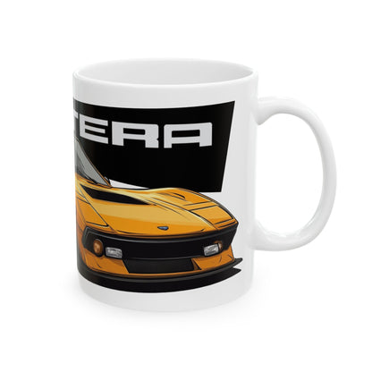 Right view of the 11oz White Coffee Mug with a DeTomaso Pantera with the Pantera emblem placed behind the car.