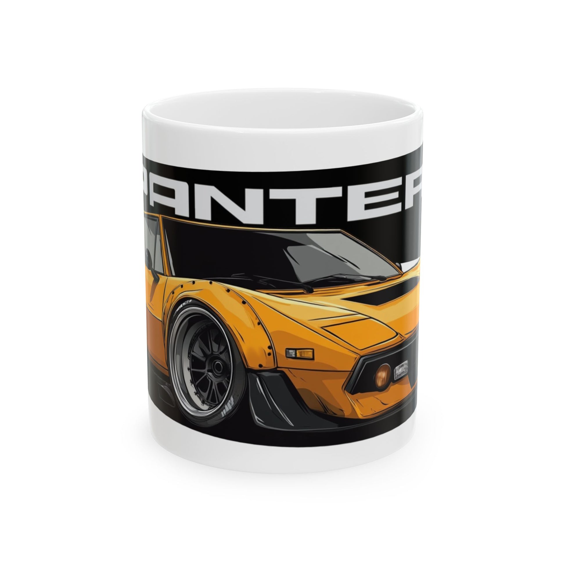 11oz White Coffee Mug with a DeTomaso Pantera with the Pantera emblem placed behind the car.