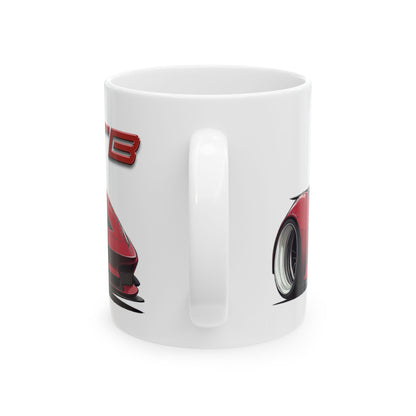 Mug handle view of 11oz White Coffee Mug with a Ferrari 296 GTB with the 296 GTB emblem placed behind the car.