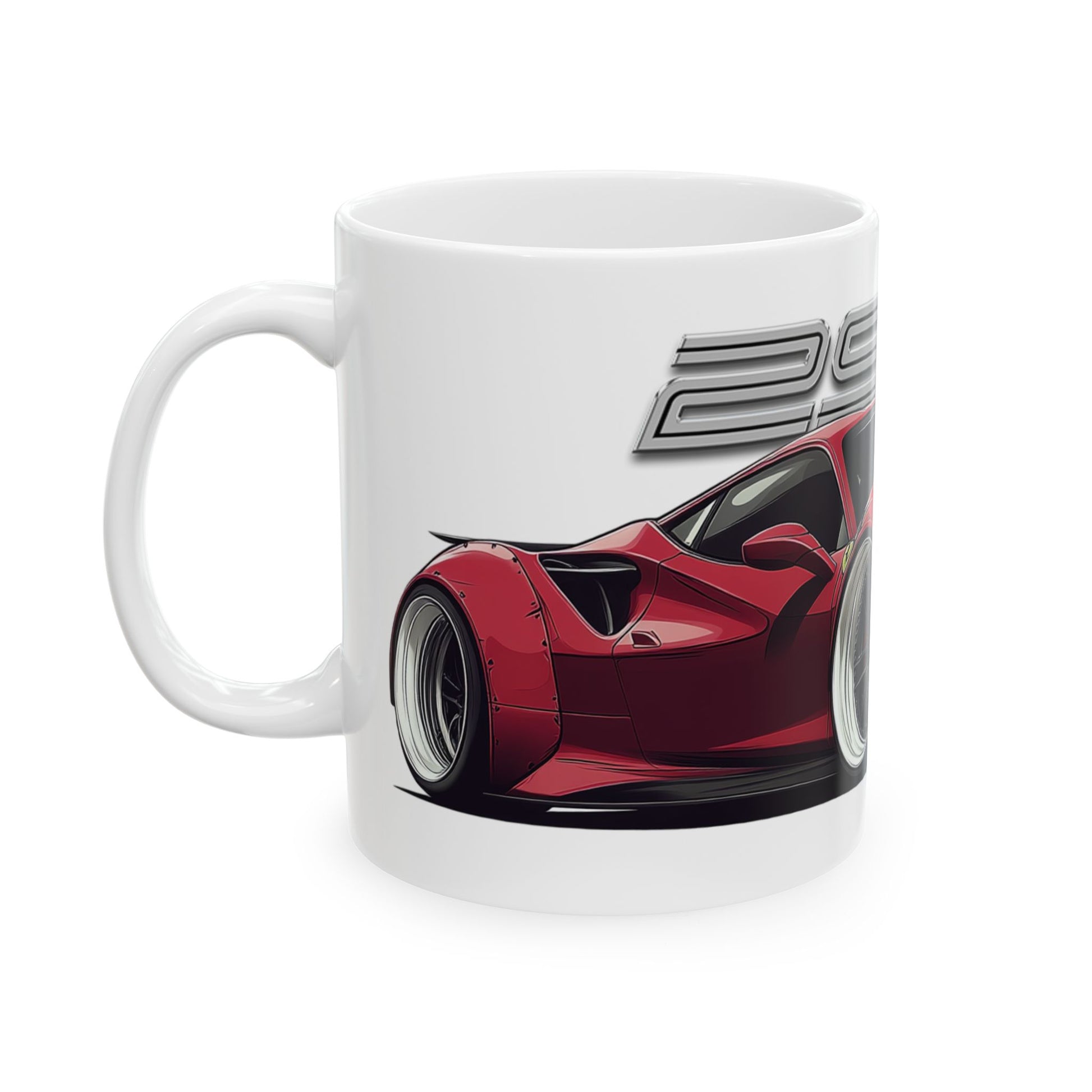 Left view of 11oz White Coffee Mug with a Ferrari 296 GTB with the 296 GTB emblem placed behind the car. 