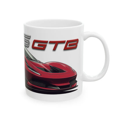 Right view of the 11oz White Coffee Mug with a Ferrari 296 GTB with the 296 GTB emblem placed behind the car.