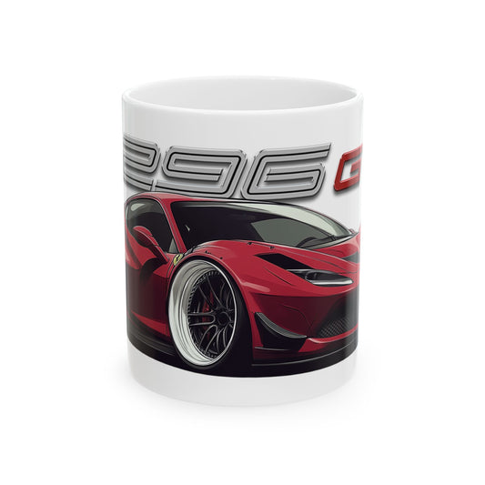 11oz White Coffee Mug with a Ferrari 296 GTB with the 296 GTB emblem placed behind the car.