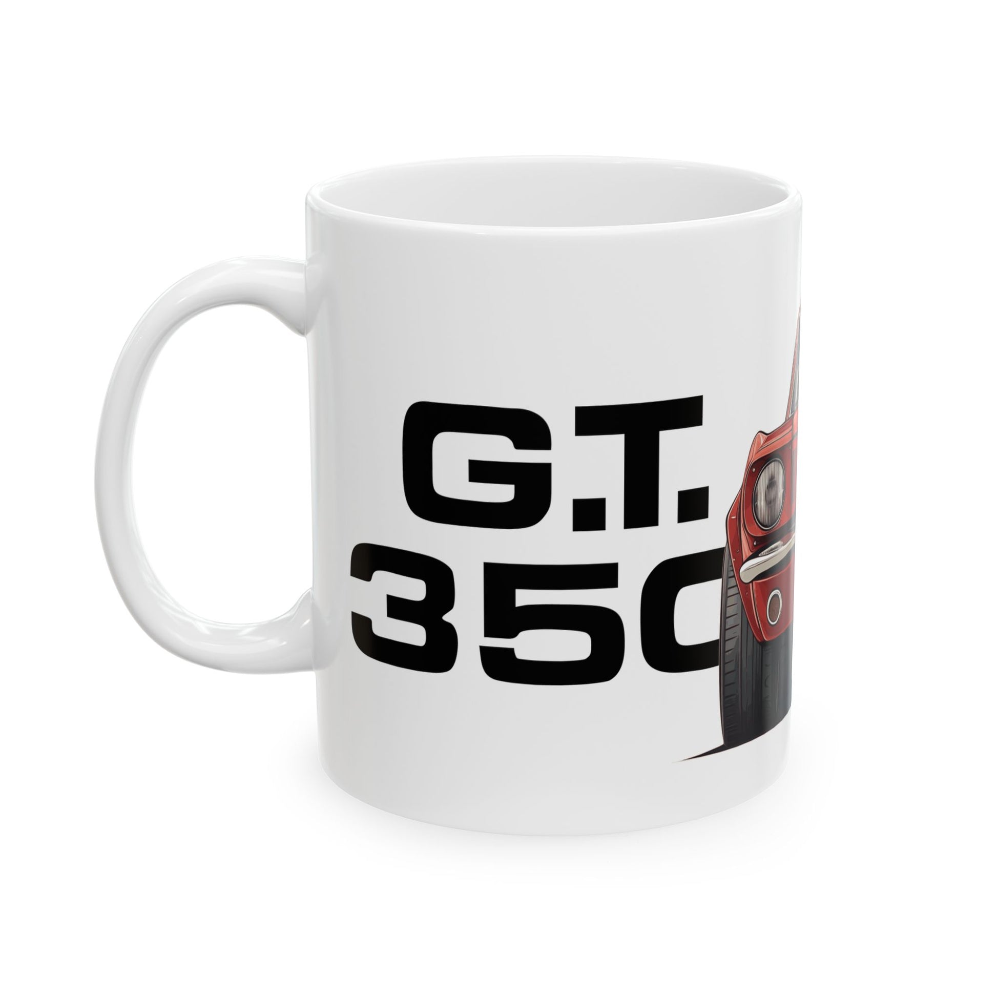 Left view of 11oz White Coffee Mug with a red Ford GT350 with the text G.T. 350 placed beside the car. 