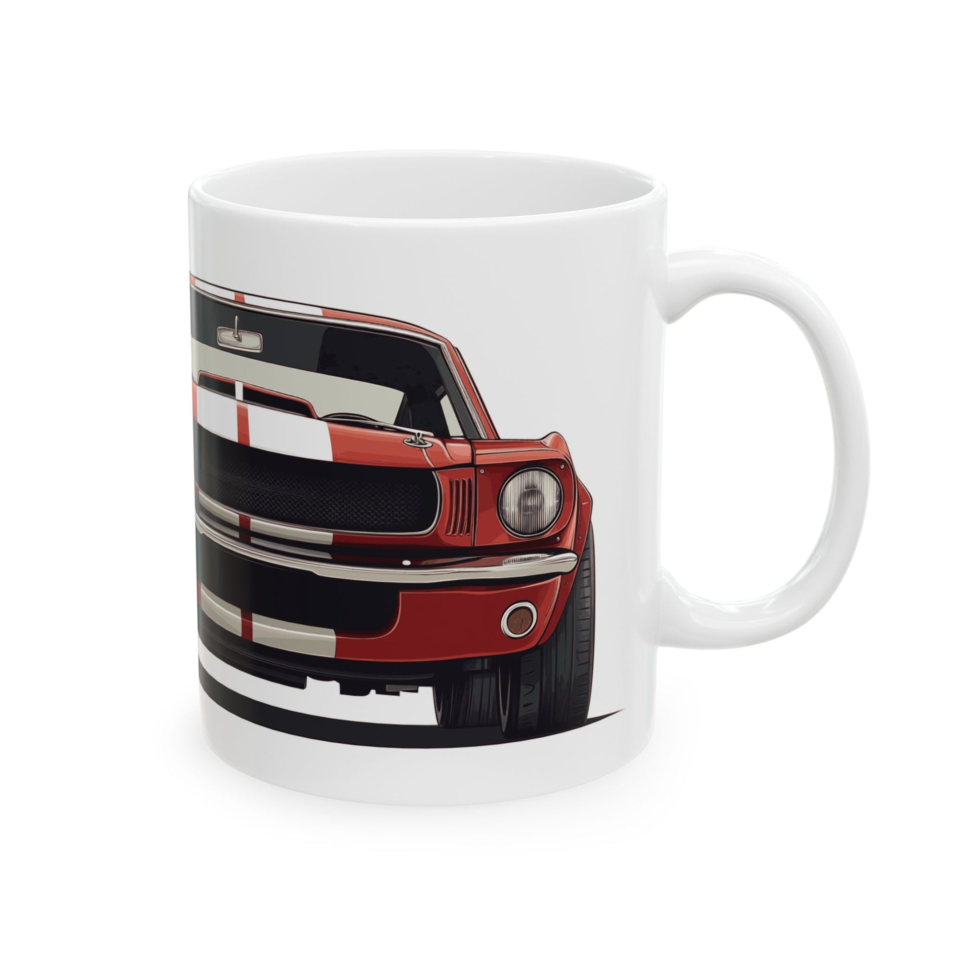 Right view of the 11oz White Coffee Mug with a red Ford GT350 with the text G.T. 350 placed beside the car.