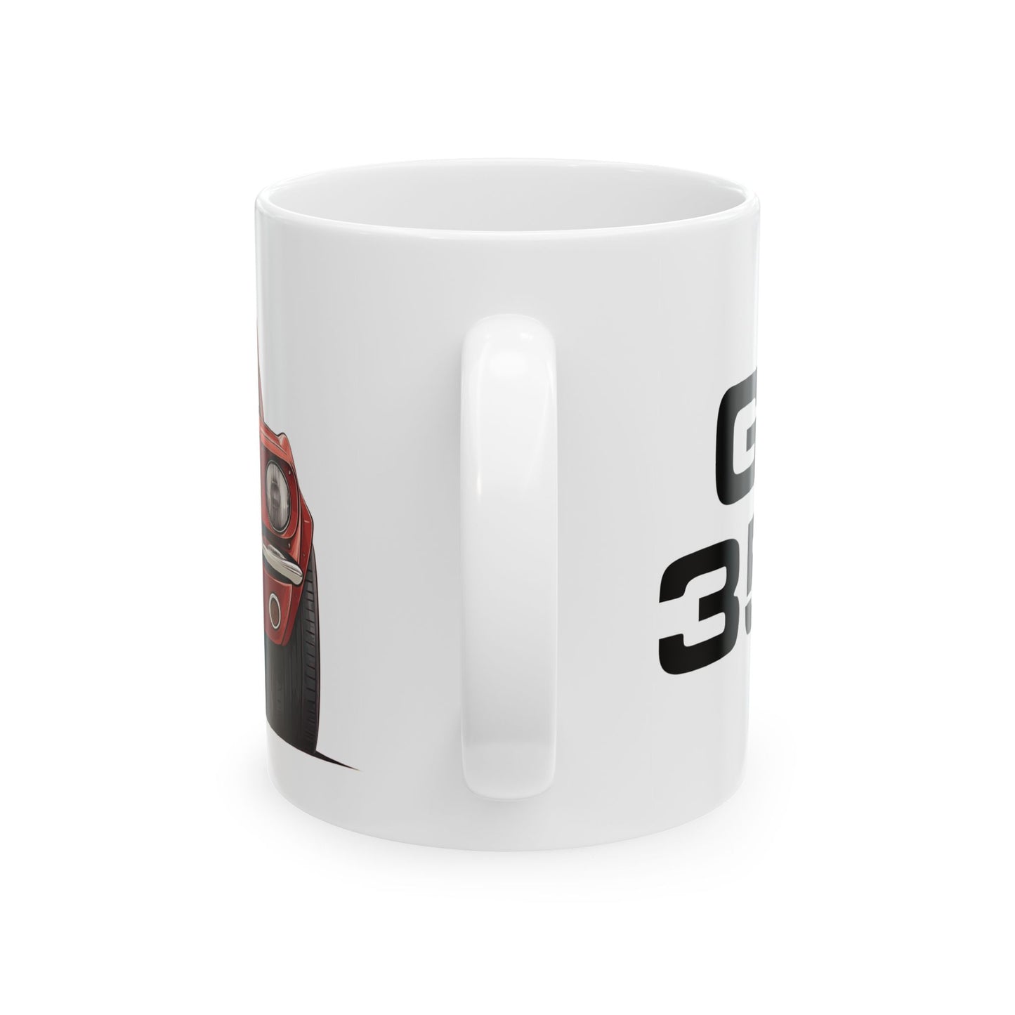 Mug handle view of 11oz White Coffee Mug with a red Ford GT350 with the text G.T. 350 placed beside the car. 