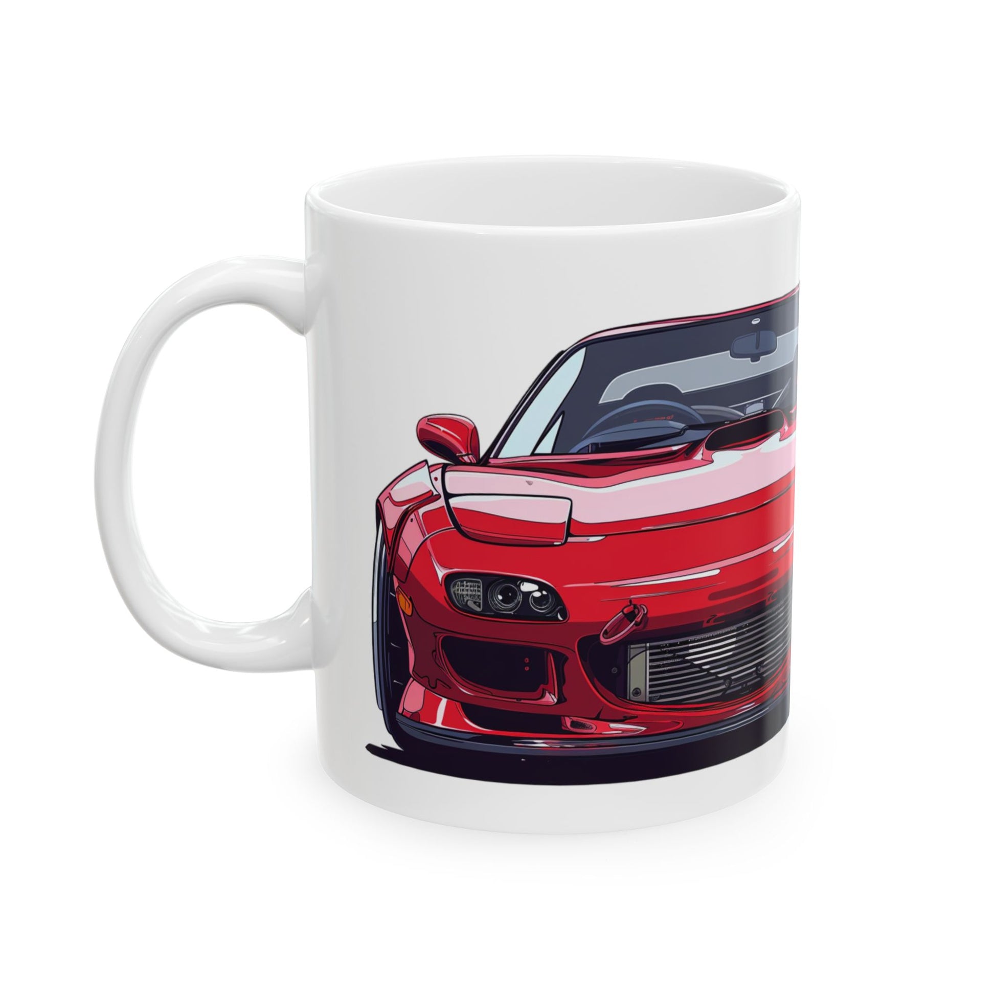 Left view of 11oz White Coffee Mug with a Mazda RX-7 with the RX-7 emblem placed behind the car.    