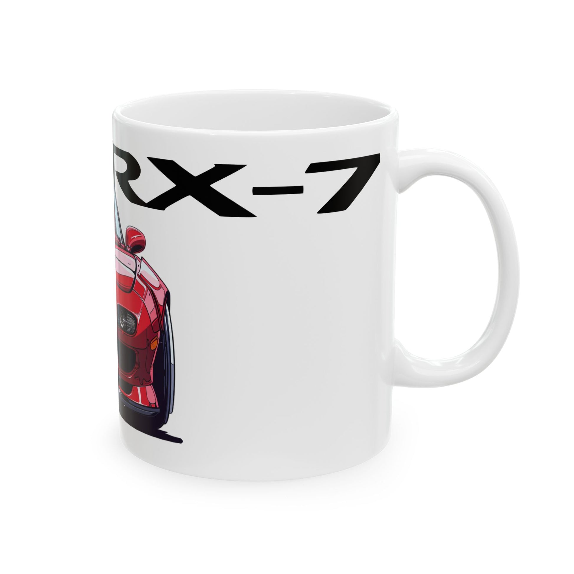 Right view of the 11oz White Coffee Mug with a Mazda RX-7  with the RX-7 emblem placed behind the car.  