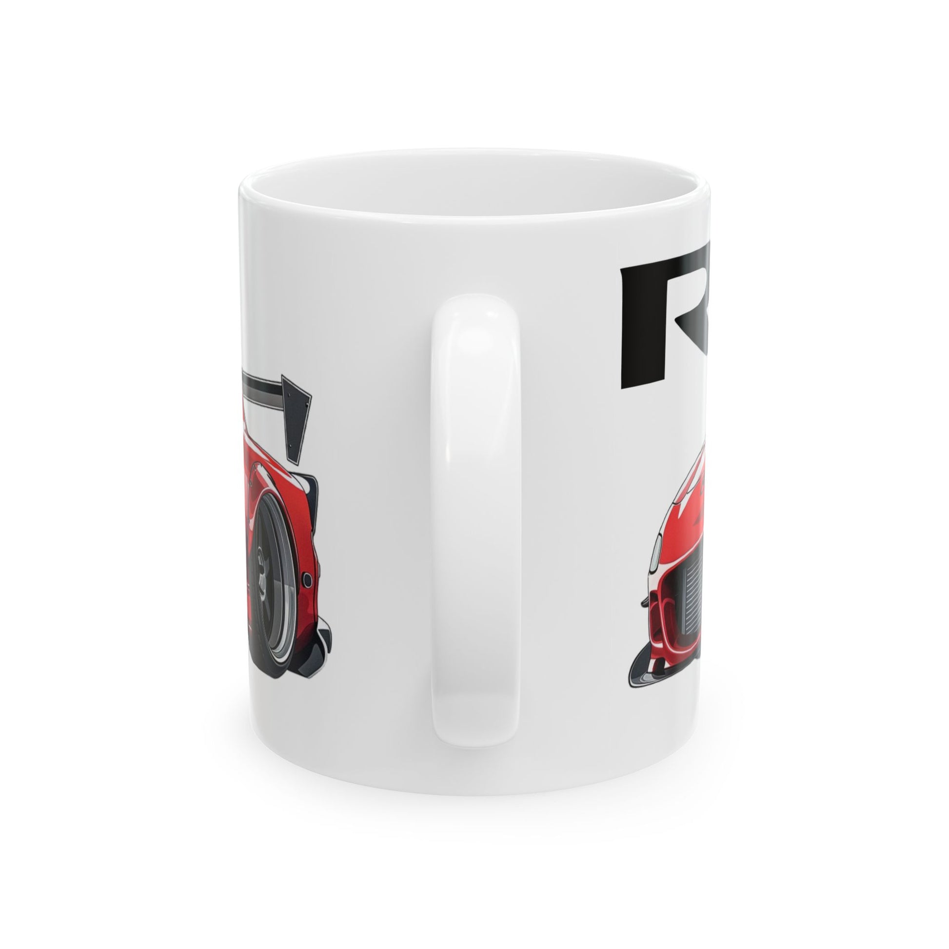 Mug handle view of 11oz White Coffee Mug with a Mazda RX-7  with the RX-7 emblem placed behind the car.  