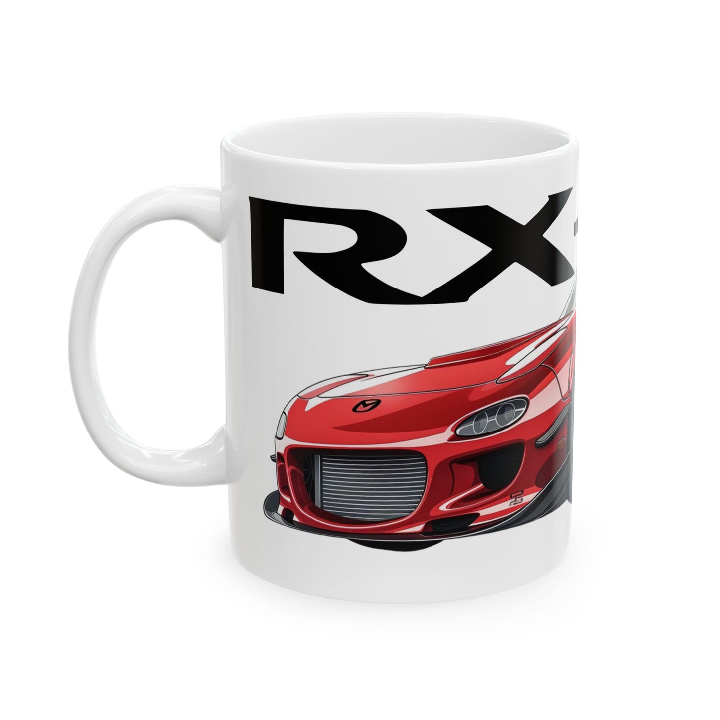 Left view of 11oz White Coffee Mug with a Mazda RX-7 with the RX-7 emblem placed behind the car.    