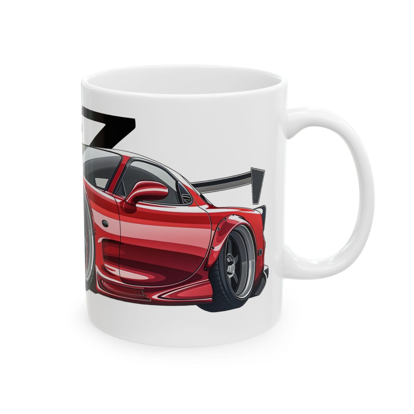 Right view of the 11oz White Coffee Mug with a Mazda RX-7  with the RX-7 emblem placed behind the car.  