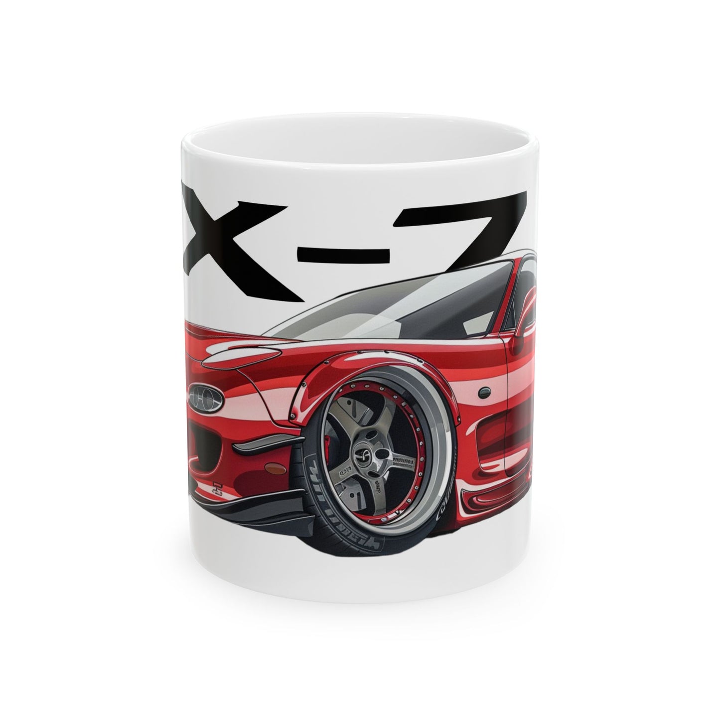 11oz White Coffee Mug with a Mazda RX-7 with the RX-7 emblem placed behind the car. 