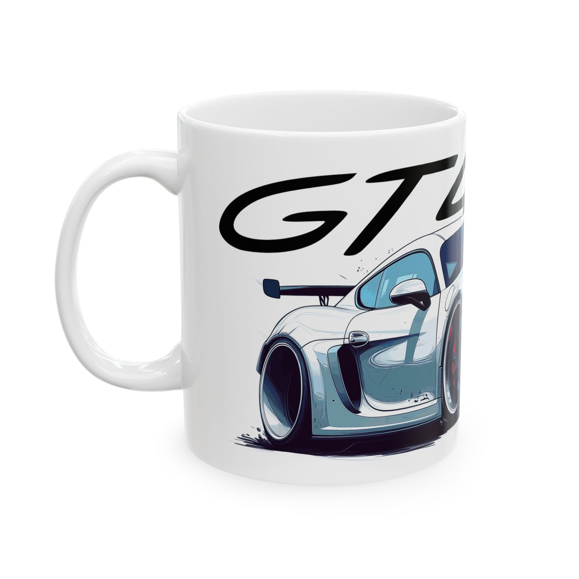 Left view of 11oz White Coffee Mug with a Porsche Cayman GT4 RS with the GT4RS emblem placed above the car.   