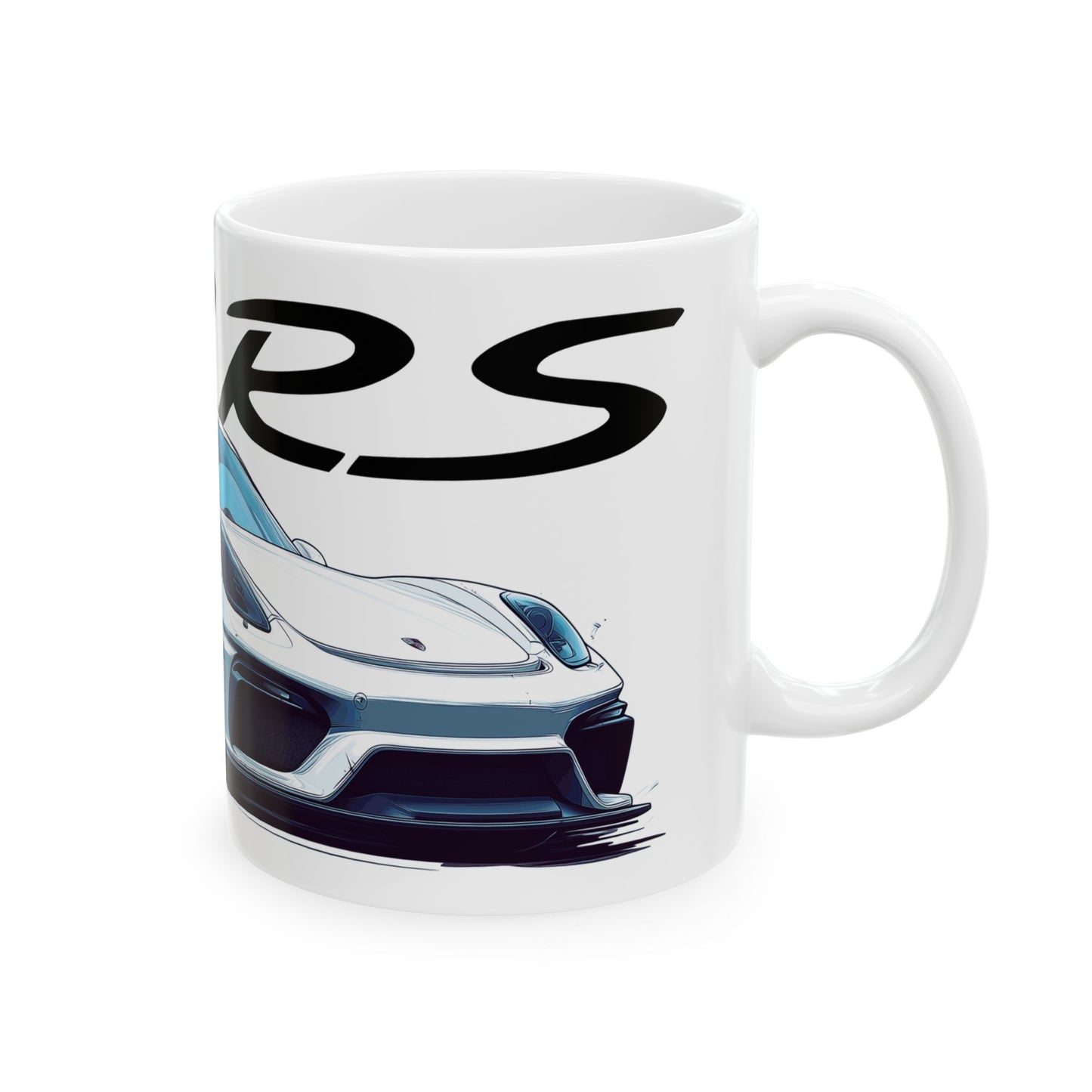 Right view of the 11oz White Coffee Mug with a Porsche Cayman GT4 RS with the GT4RS emblem placed above the car.  